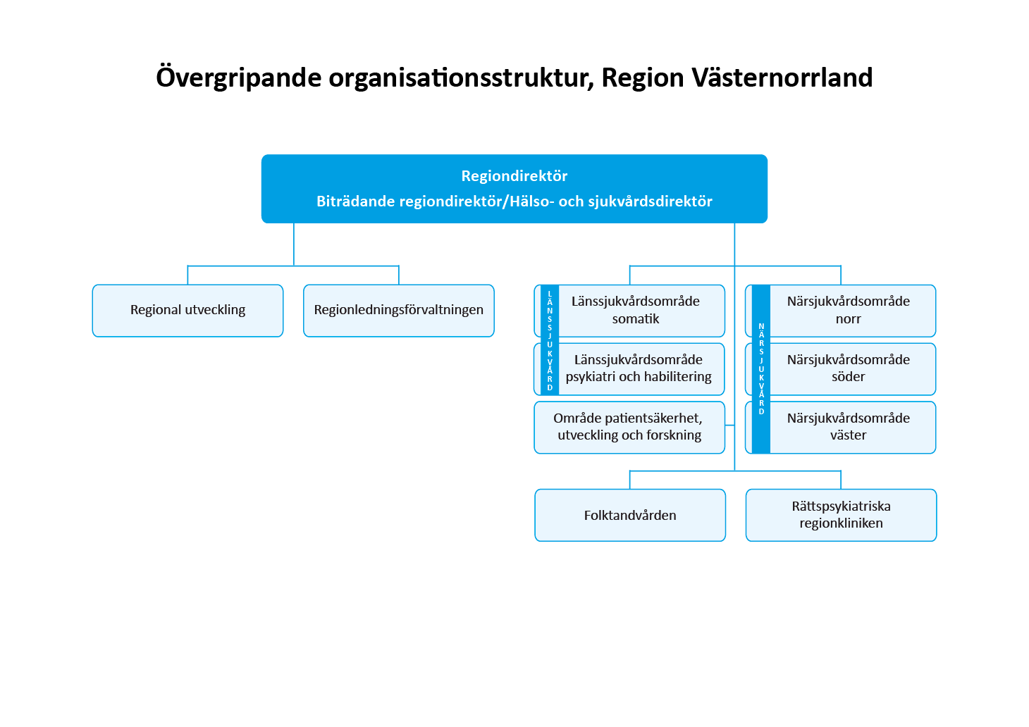 Organisationsskiss visar områden inom Region Västernorrland, grupperade på hälso- och sjukvård och områden med annan verksamhet